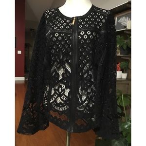 Thalia Sodi Black Lace Cotton Blend Women's Long Sleeve Zip Up Jacket XL